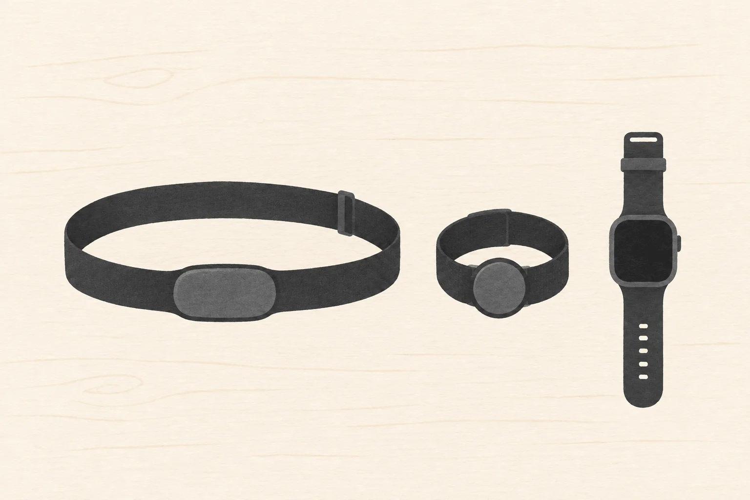 Brustgurt, Armband-Sensor und Smartwatch nebeneinander auf einem hellen Holztisch