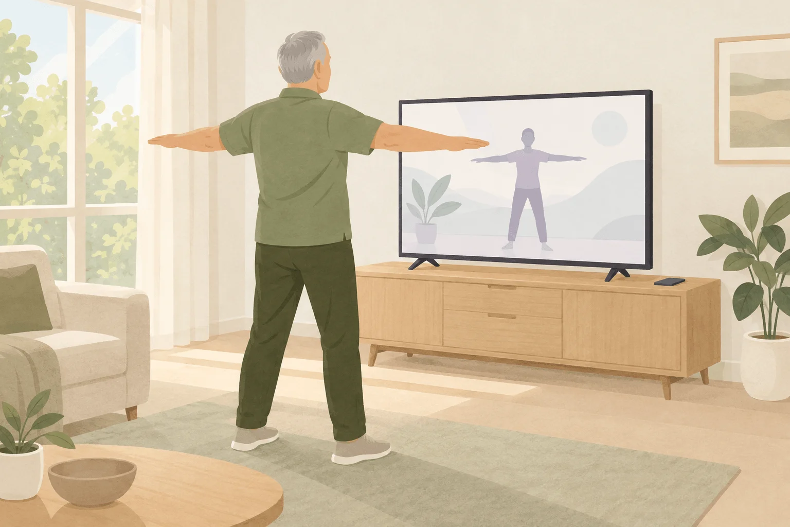 Mann um die 65 trainiert im Wohnzimmer vor dem Fernseher, das Smartphone liegt neben ihm auf dem Sideboard